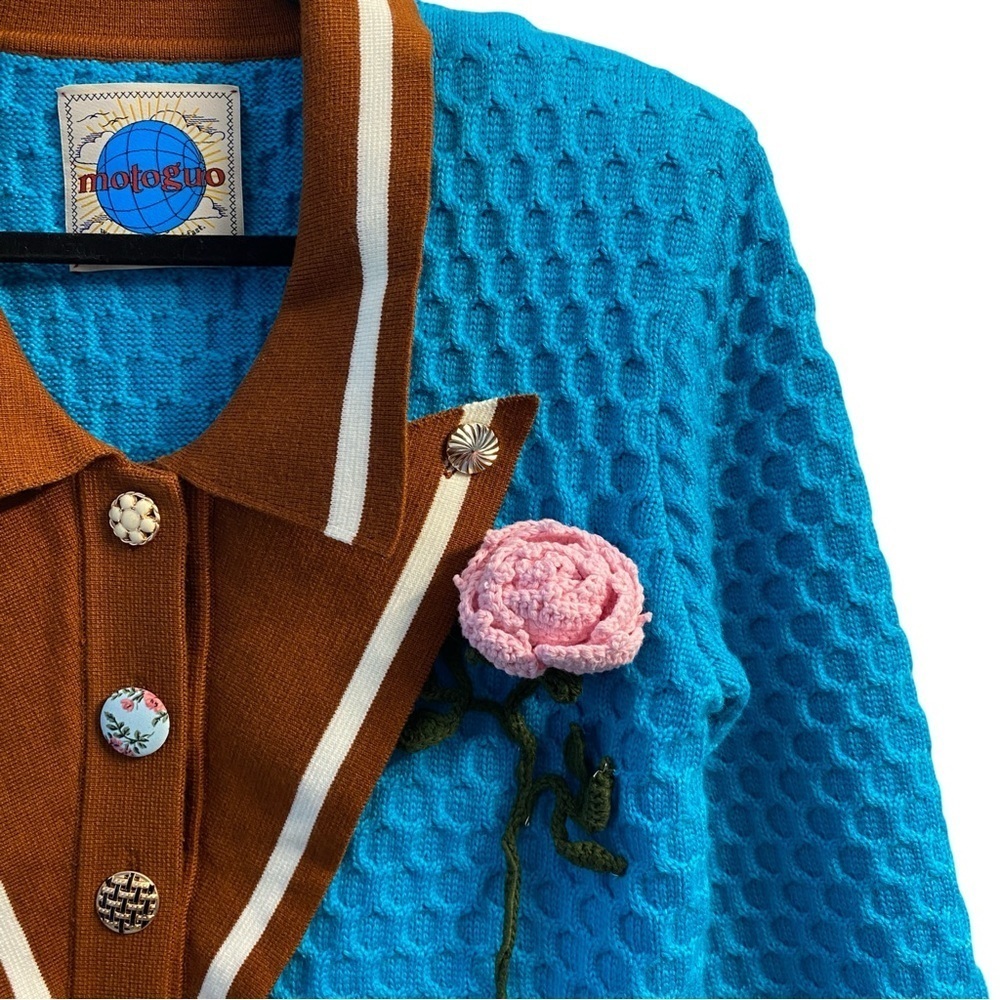 Motoguo Mr.Rogers Lake Blue & Brown Button Up Knit Sweater Oversized S/M - Picture 3 of 10